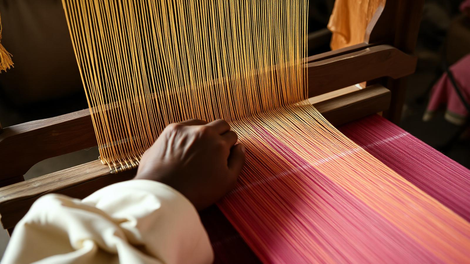 Artisan weaving gold zari thread into rose silk on a wooden handloom
