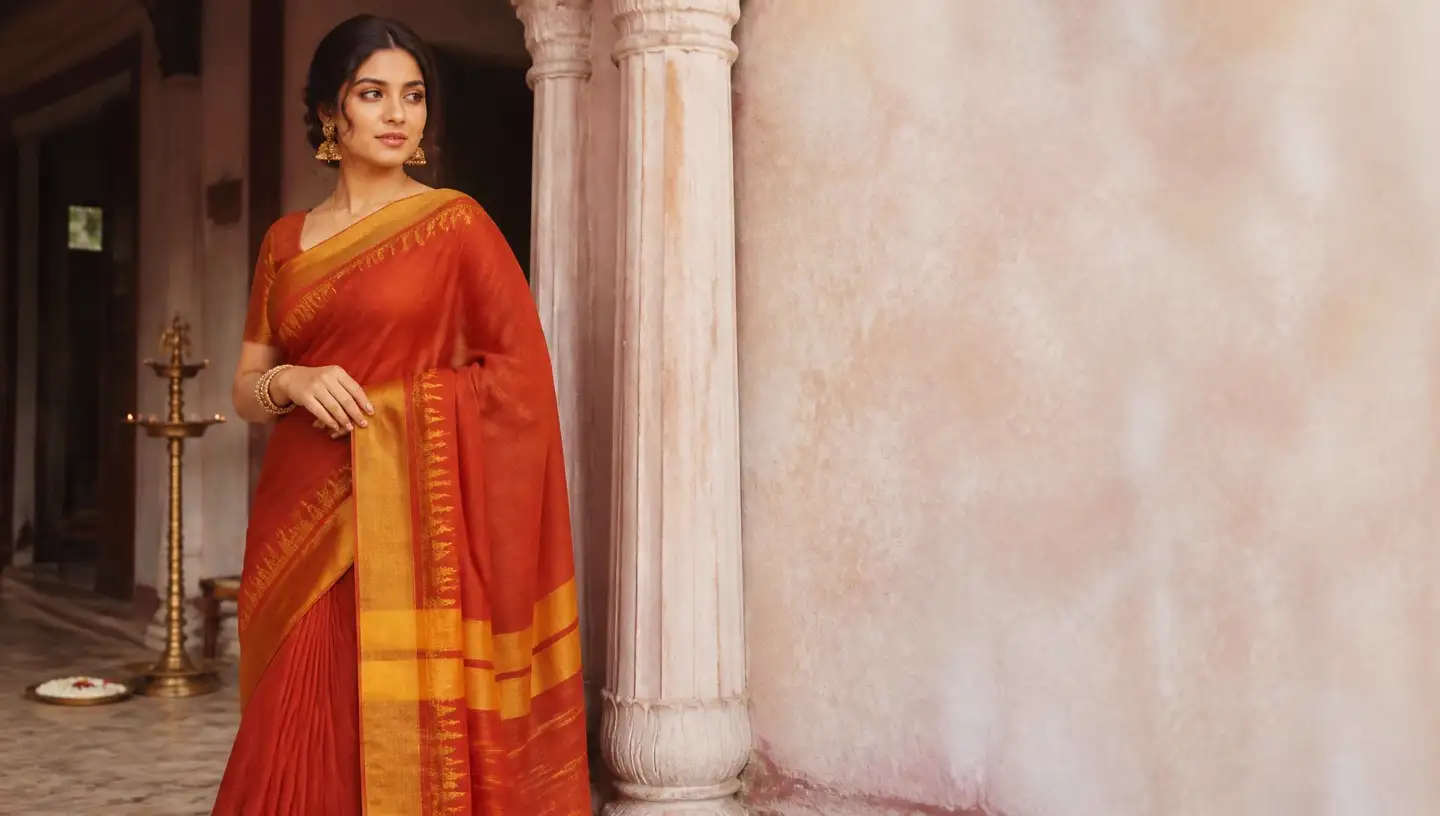Model in a rust and mustard Chettinad cotton saree with temple border beside a heritage verandah